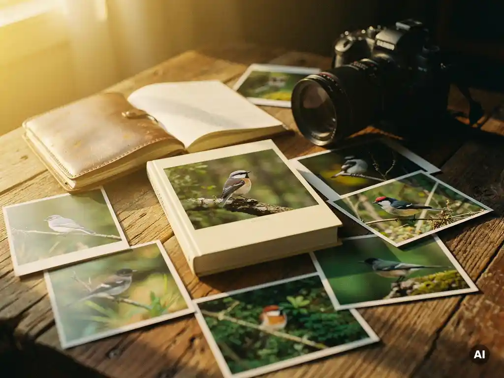 Weathered field journal and long-lens camera on a sunlit wooden table surrounded by birdwatching photos and a printed photo book.