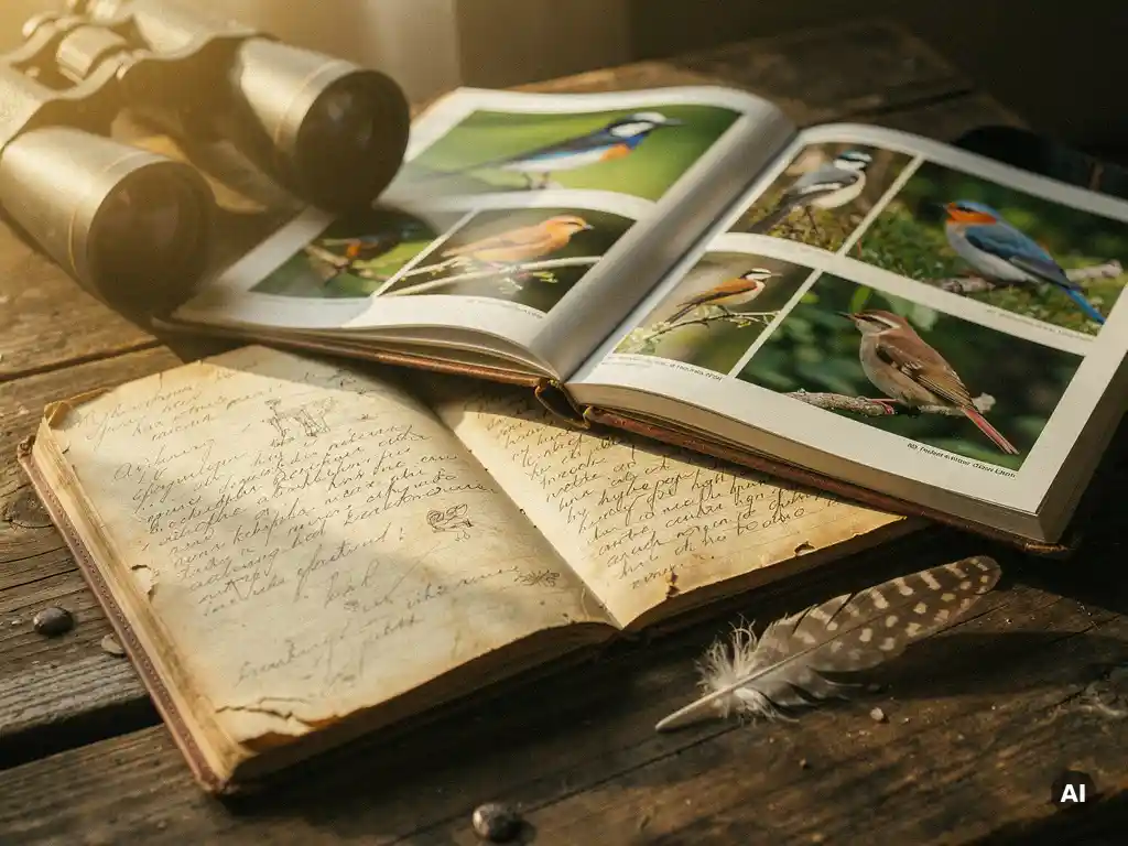 Open field notebook with handwritten annotations beside a wildlife photo book, binoculars, and a feather on weathered wood in warm morning light.