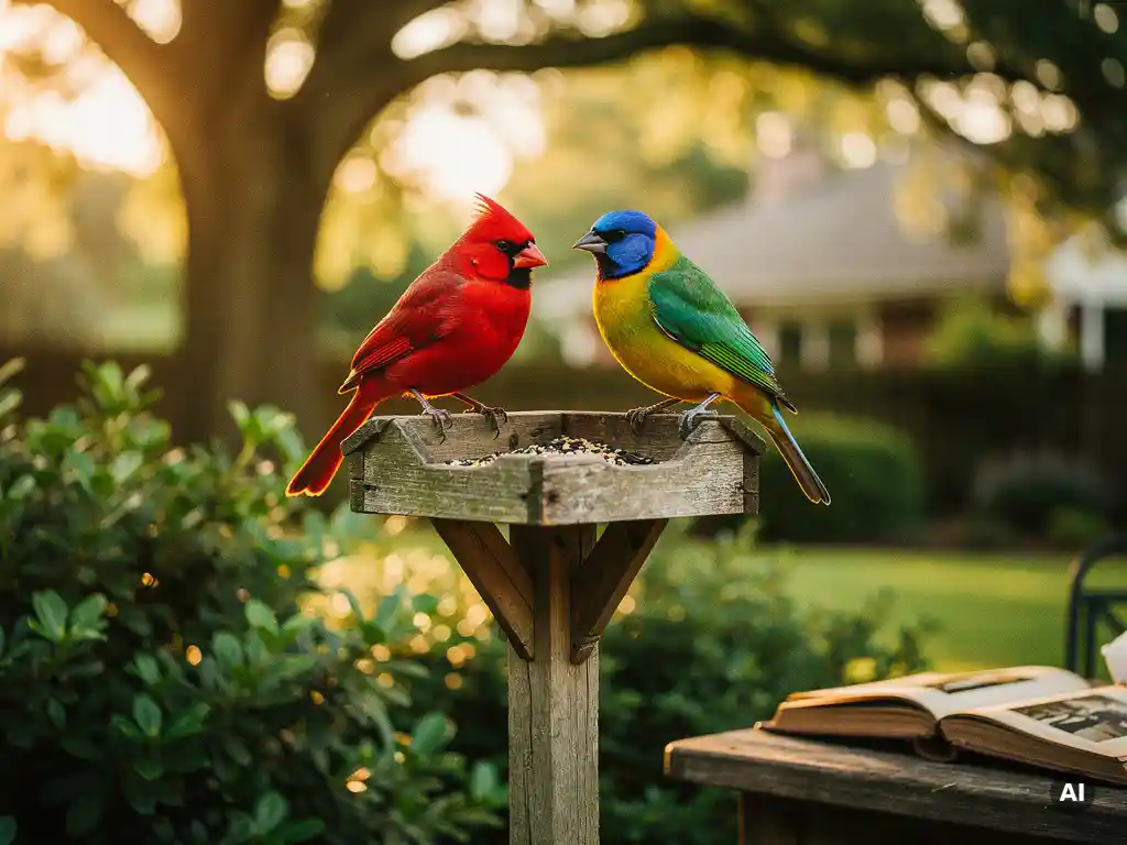 Red cardinal and painted bunting perched on a weathered wooden bird feeder surrounded by lush backyard foliage in warm golden-hour light.
