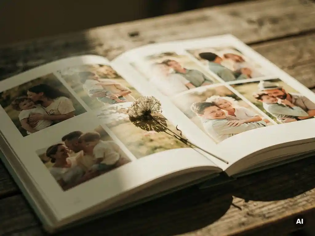 Open photo book with warm family portraits and a dried pressed flower, bathed in soft afternoon light on a weathered wooden table.