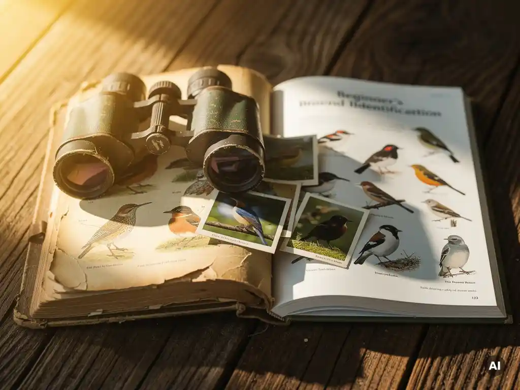 Worn binoculars resting on a weathered field guide beside a beginner's bird identification book, with loose bird photographs scattered between pages in golden-hour light.