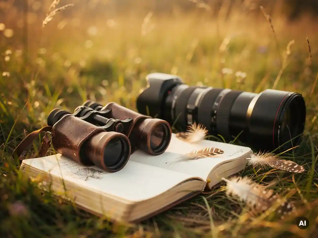 Worn leather binoculars and telephoto lens resting on an open field journal with scattered feathers in golden morning meadow light.