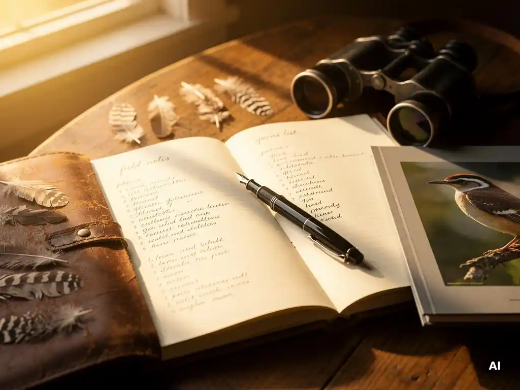 Open leather journal with handwritten bird-watching field notes, fountain pen, pressed feathers, vintage binoculars, and bird photobook in warm morning light.