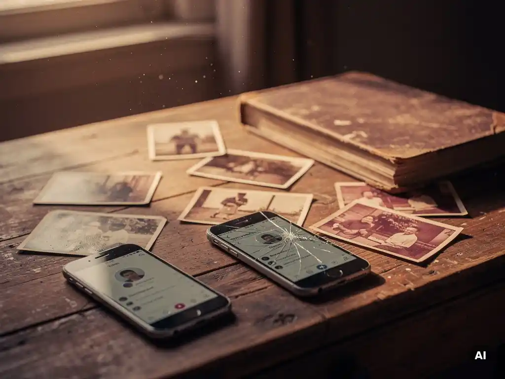 Weathered wooden desk with faded printed photos, a cracked smartphone showing a greyed-out Facebook profile, and a closed photo album in warm amber light.