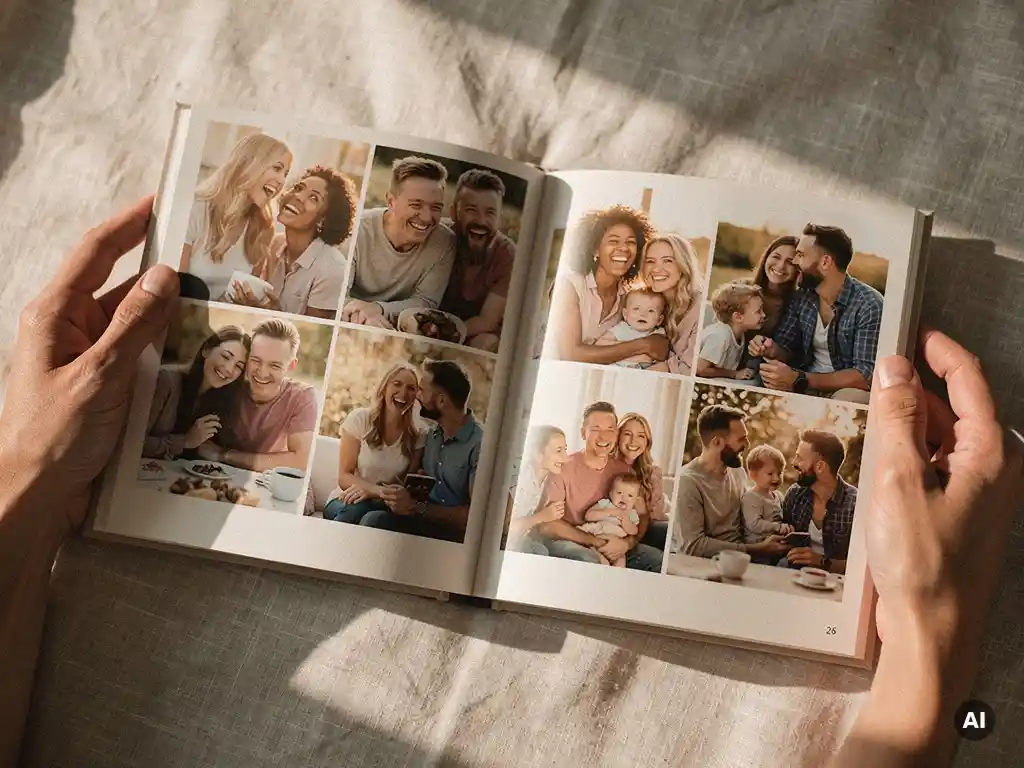 Hands holding open a printed photo book filled with candid snapshots of friends, travel, and family gatherings in warm nostalgic tones.