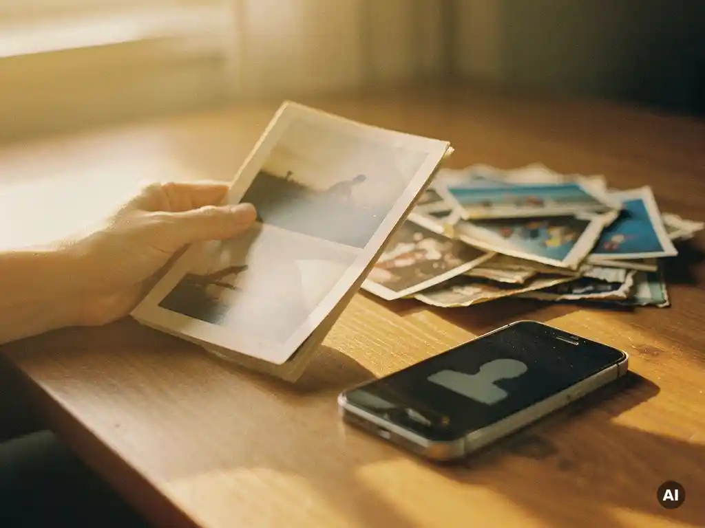 Hand holding an open photo book on a wooden desk with loose printed photos and a face-down smartphone nearby, bathed in warm golden afternoon light.