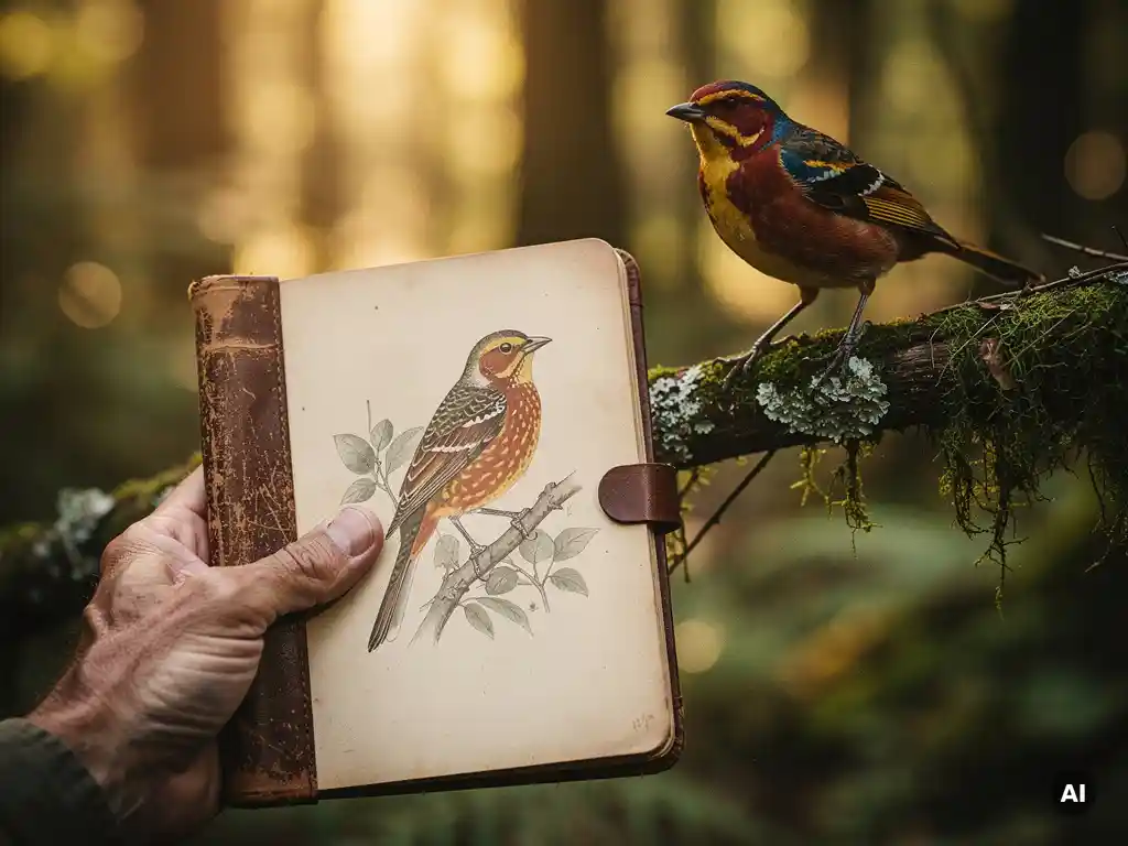 Weathered hand holding an open vintage field journal with a bird illustration beside a rare colorful songbird perched on a mossy branch in golden forest light.
