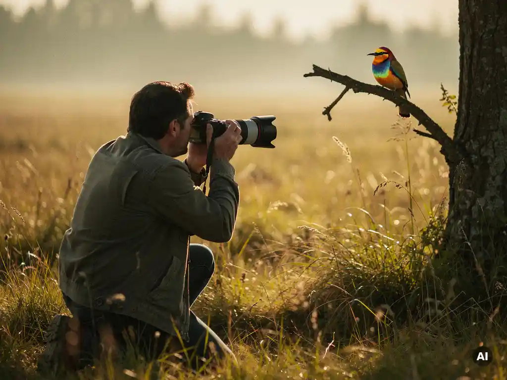 Wildlife photographer kneeling in golden meadow grass, camera aimed at a colorful bird perched on a branch during golden hour.