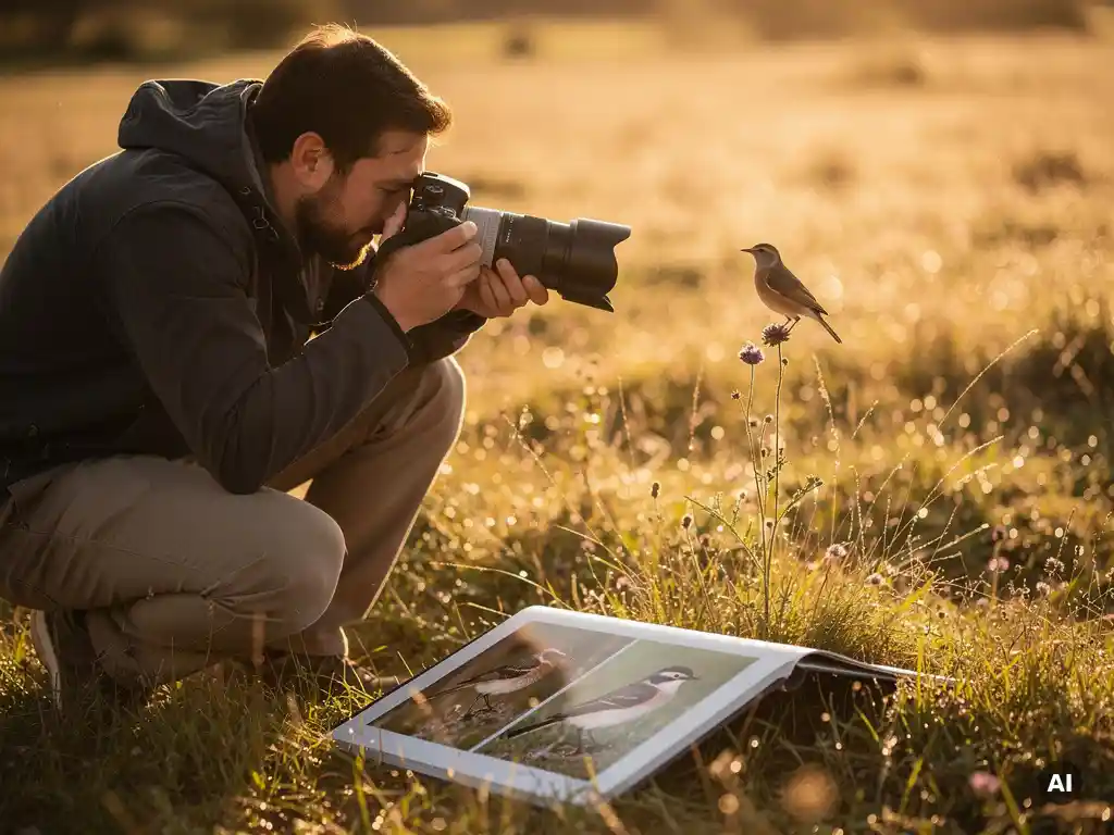 Wildlife photographer crouching in a golden-hour meadow, aiming a telephoto lens at a small bird perched on a wildflower stem.